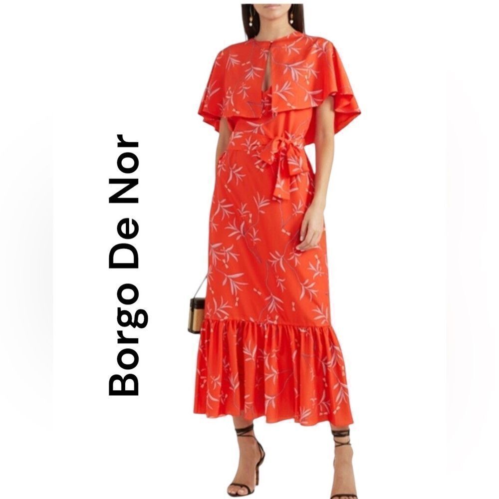 Borgo De Nor Margarita Cape dragonfly print orange dress set‎ Sz 10 $1,141